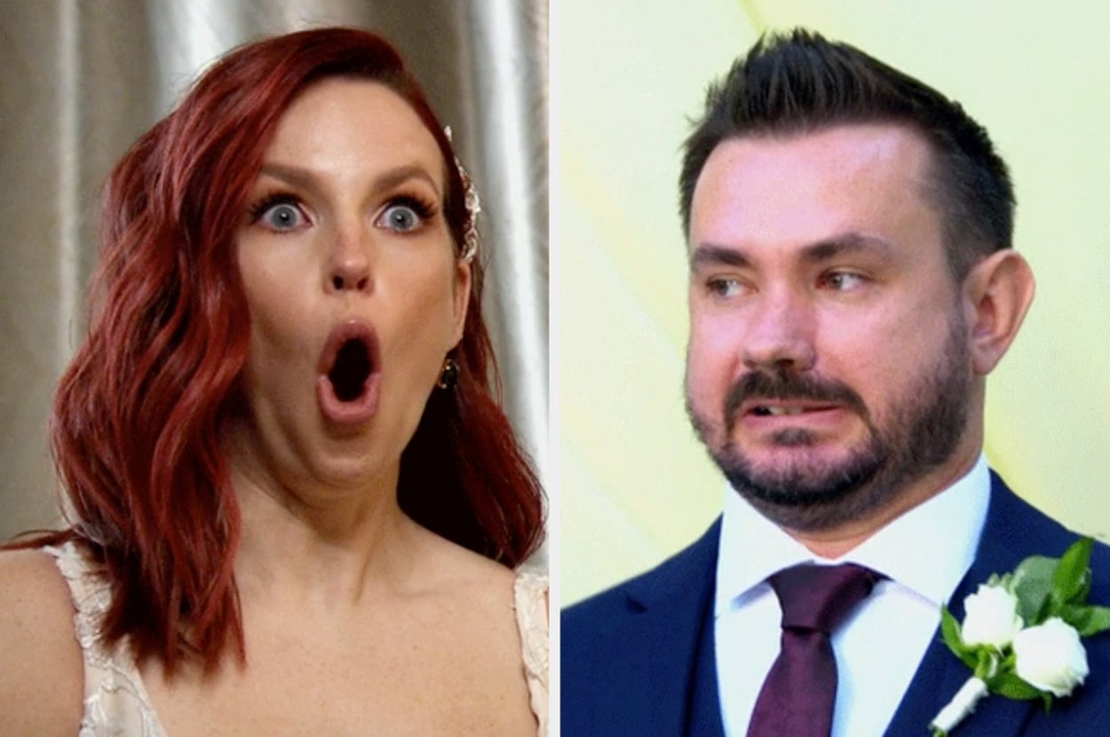 Bride and groom reacting with surprise