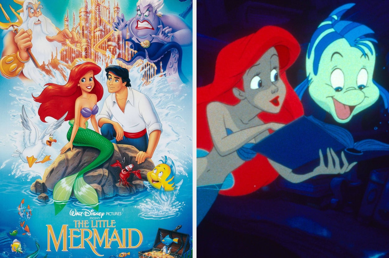 Ariel and Flounder reading a book together