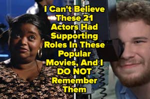 Two people in separate close-up shots with the text "I Can't Believe These 21 Actors Had Supporting Roles In These Popular Movies, And I DO NOT Remember Them"