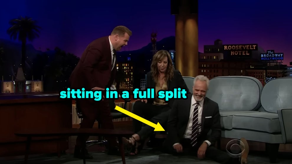 24 Bizarre Celeb Facts That Sound Fake, But Are 100% True 14 Talk show host and guests laugh as a man in a suit performs a split on the studio floor during a lively late-night segment