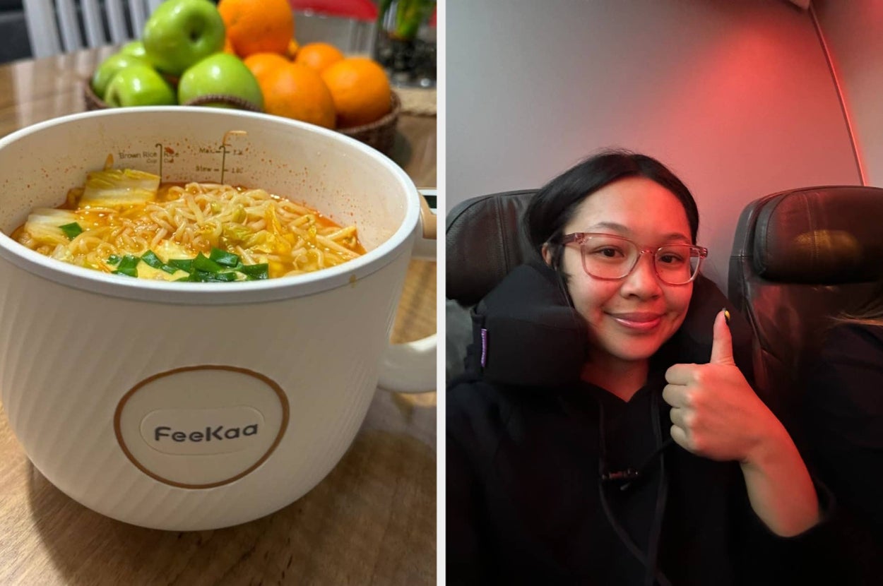 Left: Instant noodles in a large mug labeled "Feekaa" with fruit in the background. Right: Person on a plane with neck pillow giving a thumbs up