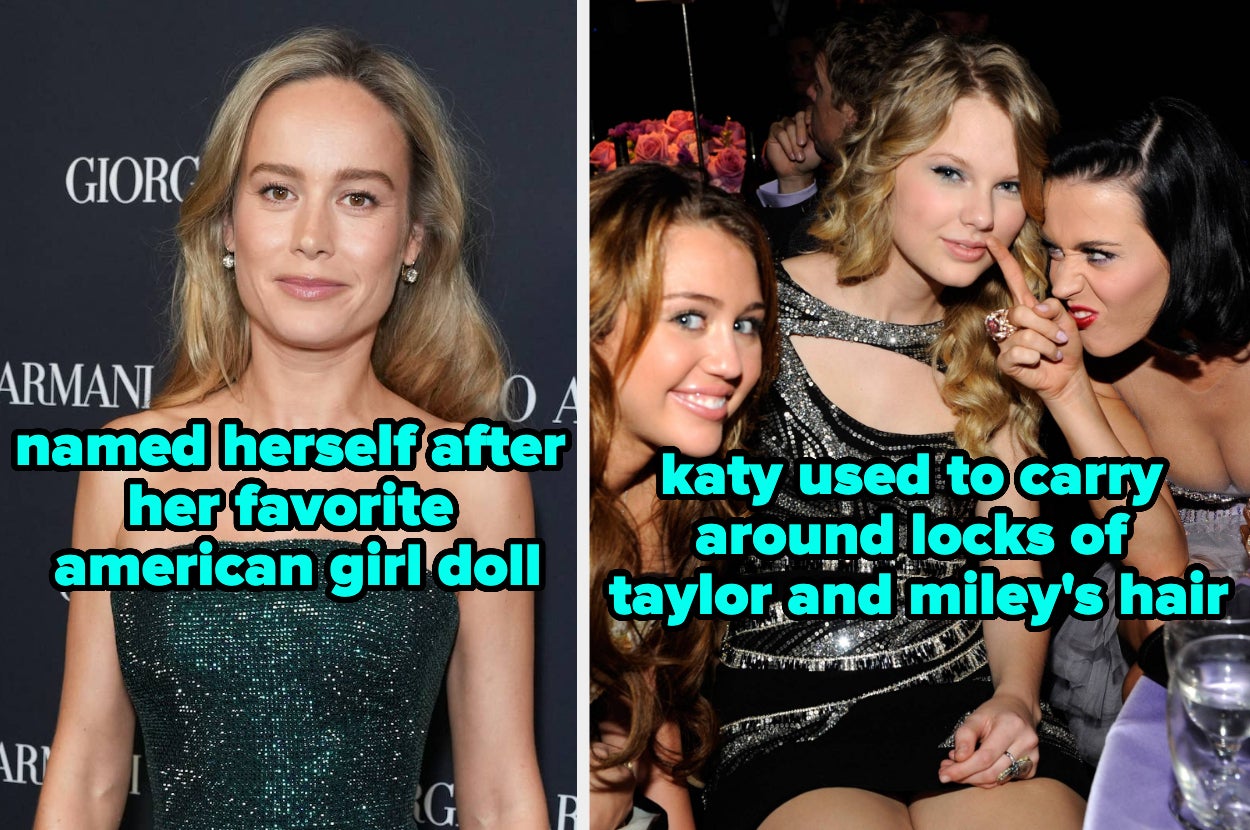 Left: Person in elegant gown at an event. Right: Three individuals posing together. Text: Person named after doll; Katy carried locks of their hair