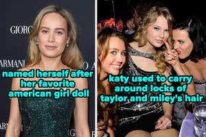Left: Person in elegant gown at an event. Right: Three individuals posing together. Text: Person named after doll; Katy carried locks of their hair