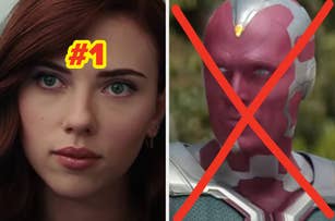 Left side: close-up of a woman with long hair and serious expression. Right side: robot-like character with a red X over them