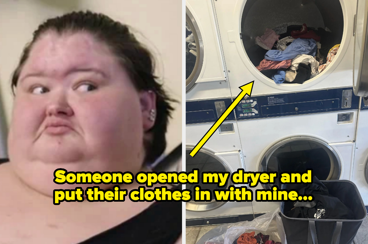 A surprised person looks to the side. Text reads: "Someone opened my dryer and put their clothes in with mine..." Image shows a dryer with mixed laundry