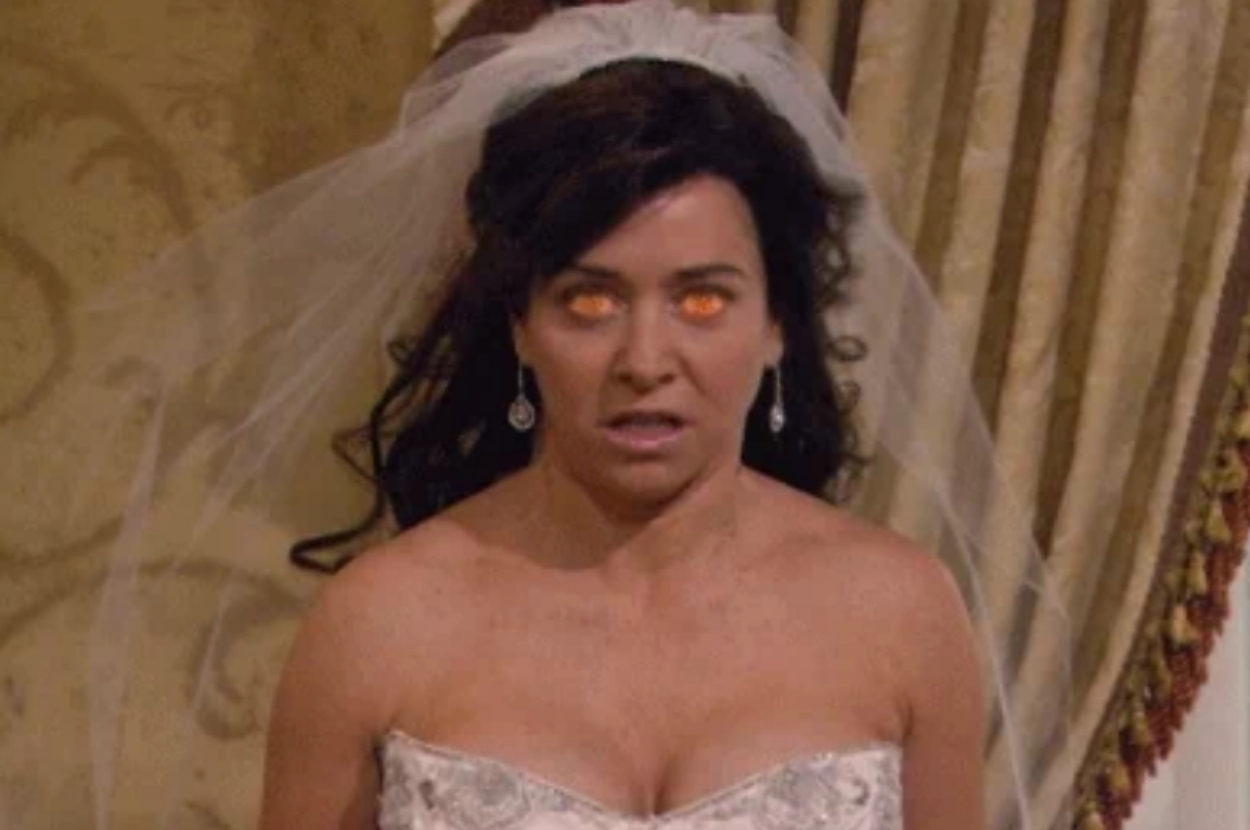 Person in a wedding dress with glowing eyes, appearing to be from a comedic or surreal scene