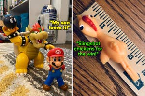 reviewer's Mario figurines with Bowser and reviewer's slingshot chicken next to a ruler