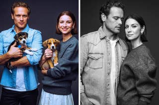 Sam Heughan and Caitríona Balfe pose with puppies in casual outfits. In the second photo, they stand closely