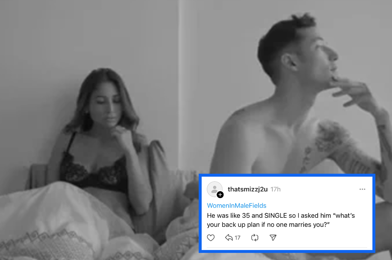 A man and woman sit on a bed. A tweet overlay jokes about asking a 35-year-old single man his backup plan if no one marries him