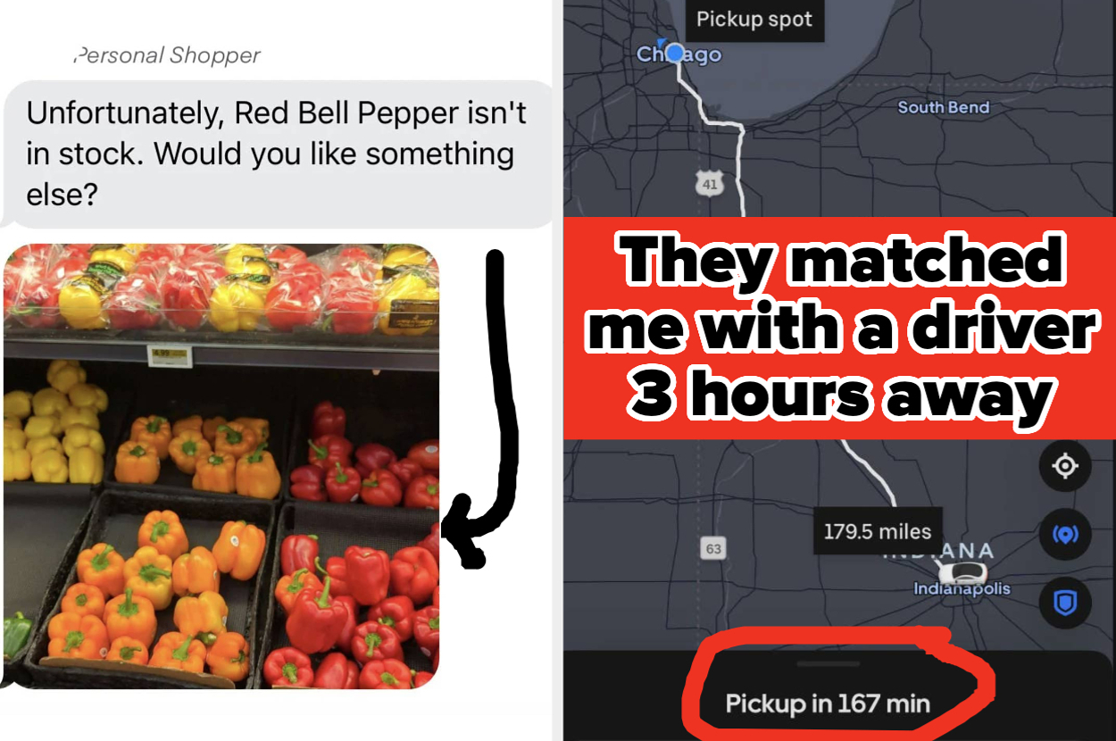 Grocery delivery issue: Red bell peppers out of stock. App shows driver pickup 3 hours away, 179.5 miles distance, with a pickup time in 167 minutes