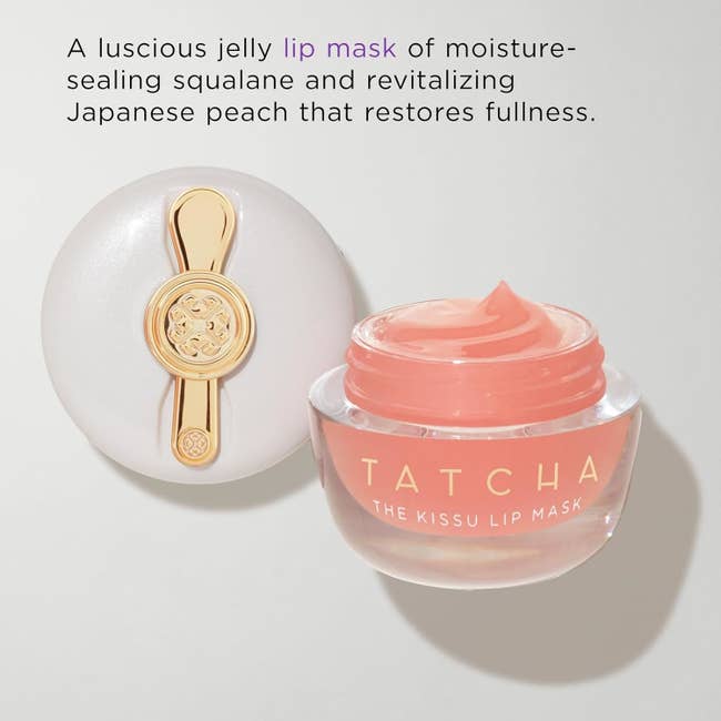 Tatcha Kissu Lip Mask with squalane and Japanese peach for restoring fullness is shown with its elegant packaging