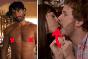 Man shirtless, looking confident; couple playfully kissing