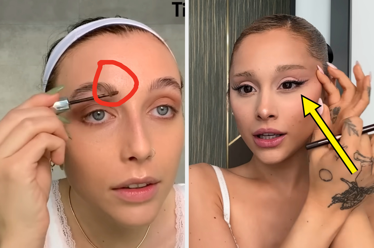 Emma Chamberlain and Ariana Grande in makeup tutorials: Emma applying brow gel, Ariana showcasing eyeliner with a brush