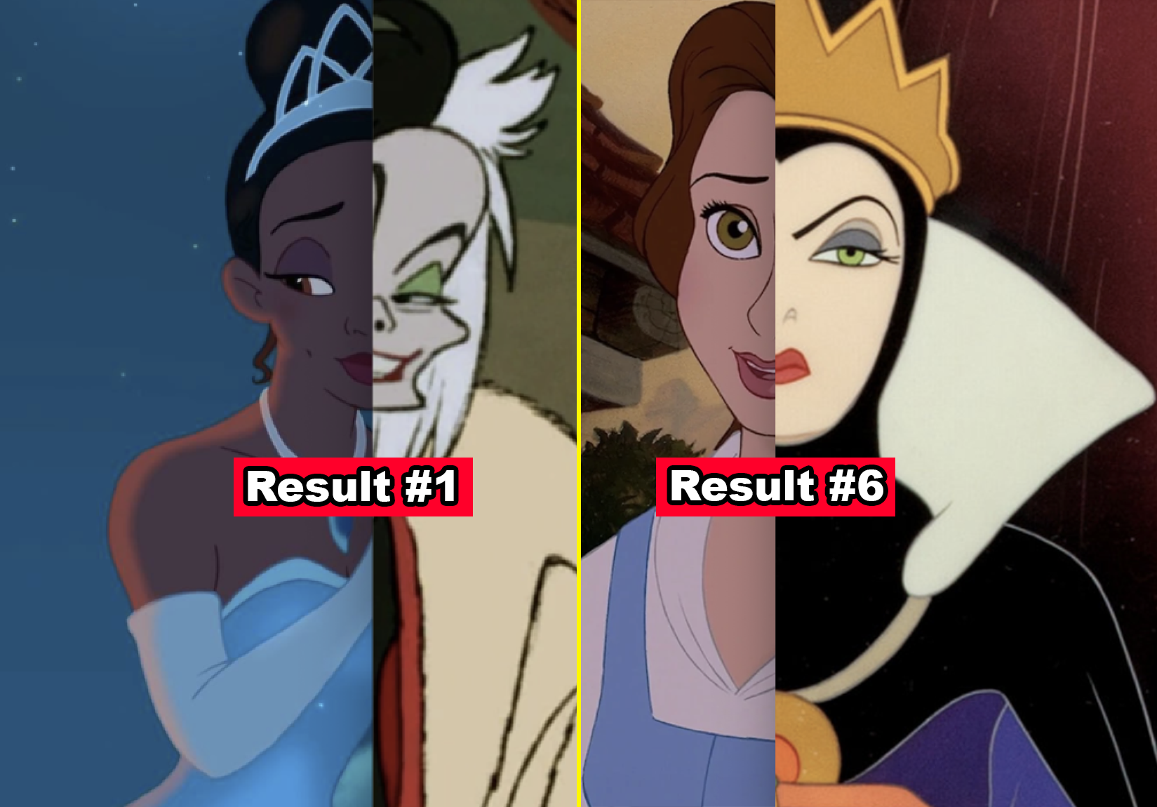 Collage of Disney princesses and villains showcasing their split faces (Tiana + Cruella and Belle + The Evil Queen)