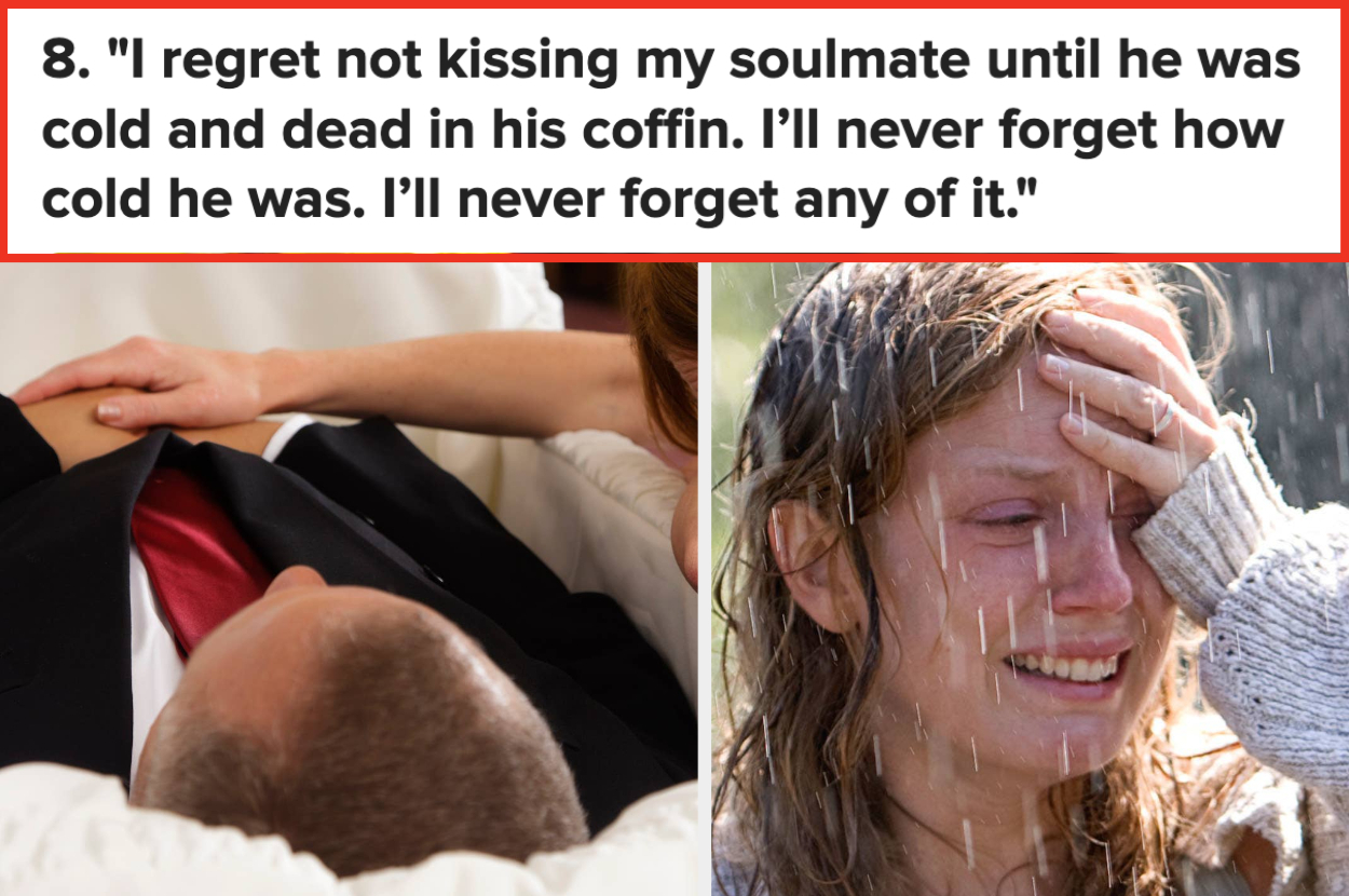 A person in a suit lies in a coffin. A distressed individual wipes tears, with text expressing regret about not kissing their partner before they died