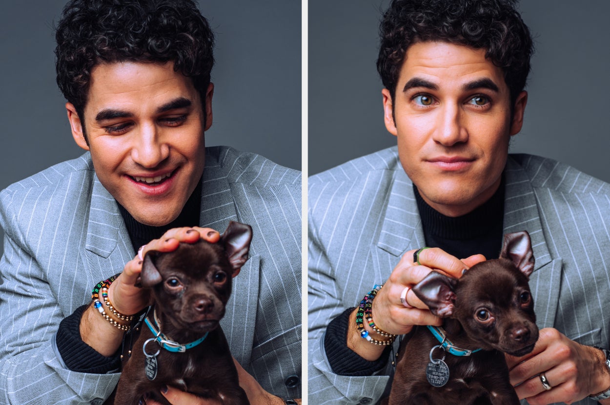 Person smiling and petting a small dog. They wear a striped suit jacket and colorful bracelets