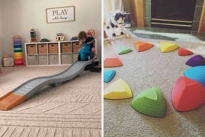 Playroom with slide and colorful stepping stones for toddler activities and balance
