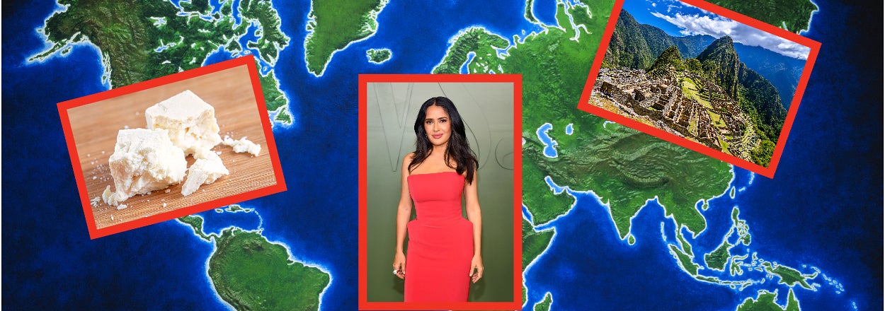 World map with inset images of cheese, a person in a sleek dress, and a scenic view of Machu Picchu