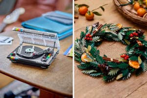 Left: LEGO turntable set on a table. Right: LEGO holiday wreath with decorative elements