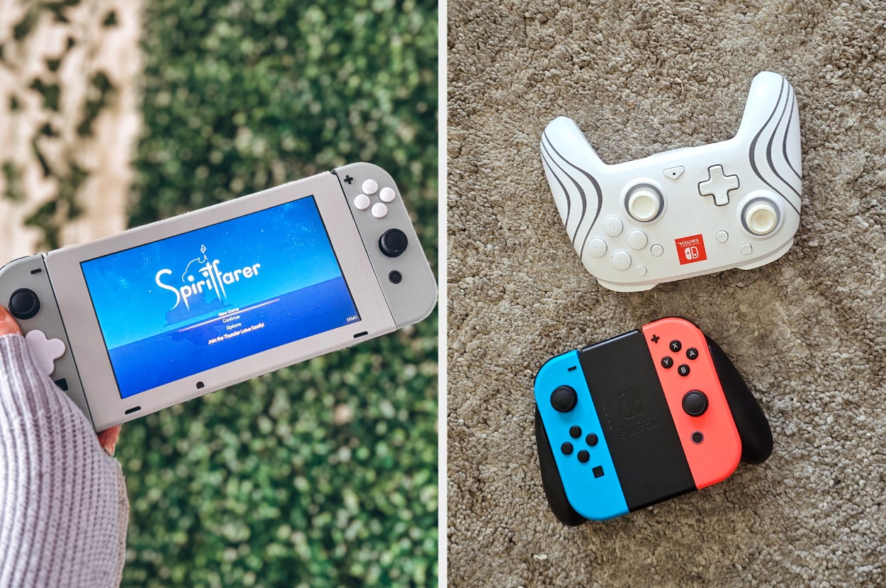 Two gaming consoles, one showing "Spiritfarer," alongside two controllers on a textured surface