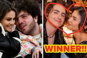 Two couples sitting closely; one pair within a heart shape with "WINNER!!" text overlaid. Casual and formal attire mixed