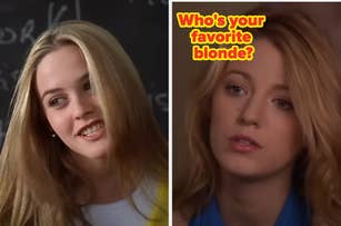 Two women with blonde hair in separate panels. The text reads, "Who's your favorite blonde?"