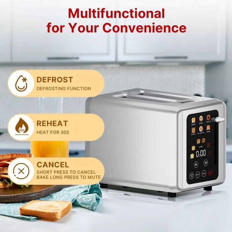 Toaster on a kitchen counter with functions: defrost, reheat for 30s, and cancel