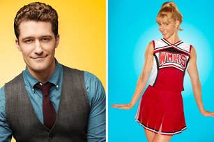 A person in a vest and tie smiles and another in a cheerleader outfit poses playfully