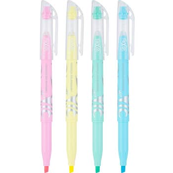 Four pastel FriXion highlighters with erasers, featuring pink, yellow, green, and bluish hues, suitable for precise and erasable note-taking