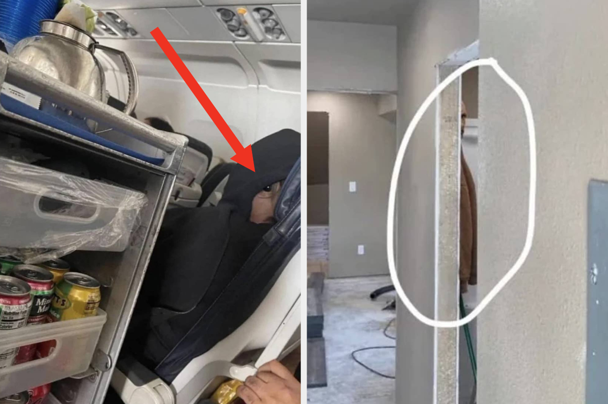 Left: A person peeks over a hoodie on a plane seat, next to a beverage cart. Right: A coat hanging on a door behind a wall outline