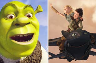 Split image: Shrek, a green ogre, on the left; two characters riding a dragon from "How to Train Your Dragon" on the right