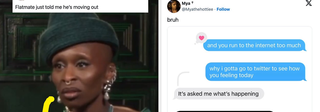 Cynthia Erivo looks touched as she places a hand on her chest vs a text conversation about person telling their feelings to twitter instead of their partner