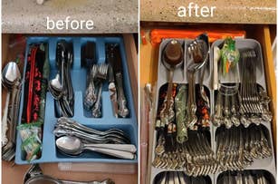 Silverware drawer shown before and after tidying with an organizer, highlighting improved order and space-saving