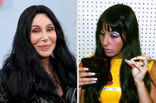 Two photos of a woman with long black hair; left: smiling in a black outfit, right: applying makeup with a focused expression