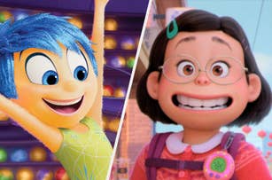 Animated characters: one with blue hair, joyous expression; another smiling, with glasses and a red sweater, wearing a panda-themed pendant