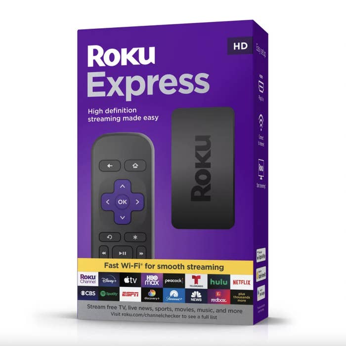 Roku Express streaming instrumentality  packaging, featuring the distant    power  and highlighting streaming services similar  Netflix and Hulu