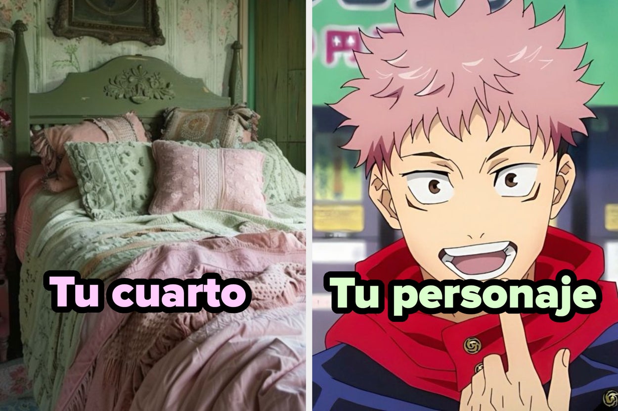 Habitación decorada con estilo vintage a la izquierda, personaje de anime sonriente a la derecha. Texto: "Tu cuarto" y "Tu personaje"