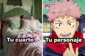 Habitación decorada con estilo vintage a la izquierda, personaje de anime sonriente a la derecha. Texto: "Tu cuarto" y "Tu personaje"