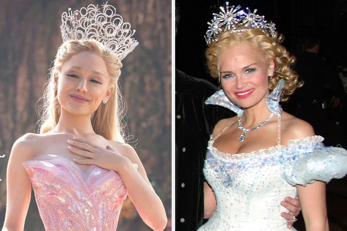 Two people wearing intricate tiaras and elegant, off-the-shoulder gowns, smiling at an event