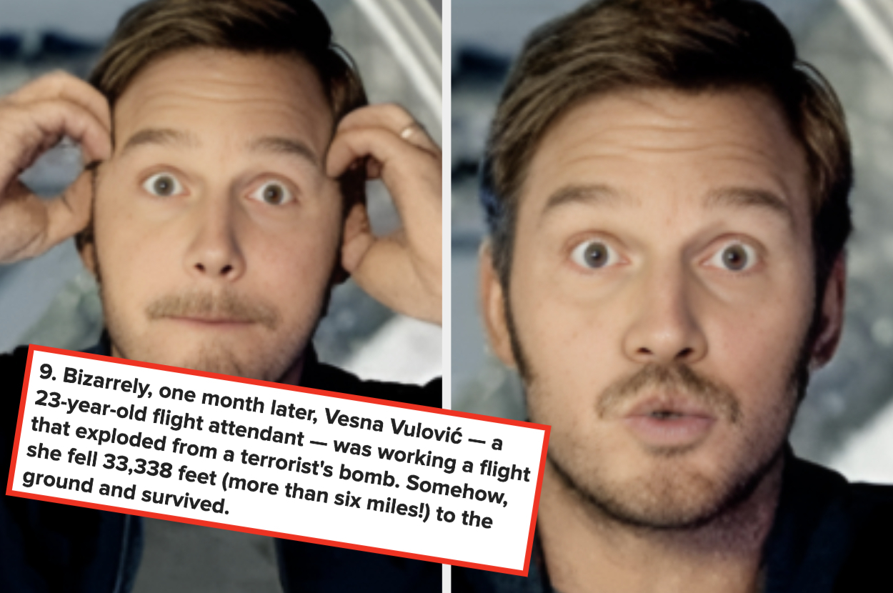 A surprised man holds his head with text about Vesna Vulović, a flight attendant who survived a 33,338-foot fall from a plane explosion