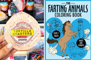 A package of tortilla-shaped coasters and a humorous coloring book titled "The Farting Animals Coloring Book" are displayed