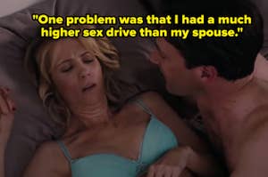 A woman in a turquoise bra lies in bed with a shirtless man leaning over her, both appearing to have an awkward moment