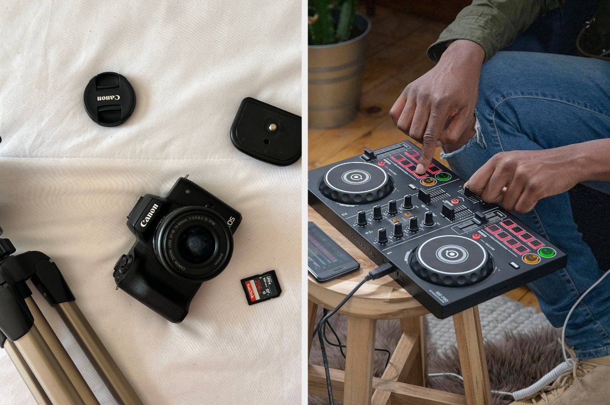 Left: Camera gear with tripod and memory card on a surface. Right: Person interacting with a DJ controller, adjusting controls
