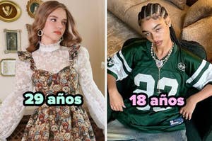 A la izquierda, mujer con vestido floreado de encaje. A la derecha, persona joven con jersey deportivo y trenzas. Texto: "29 años", "18 años"