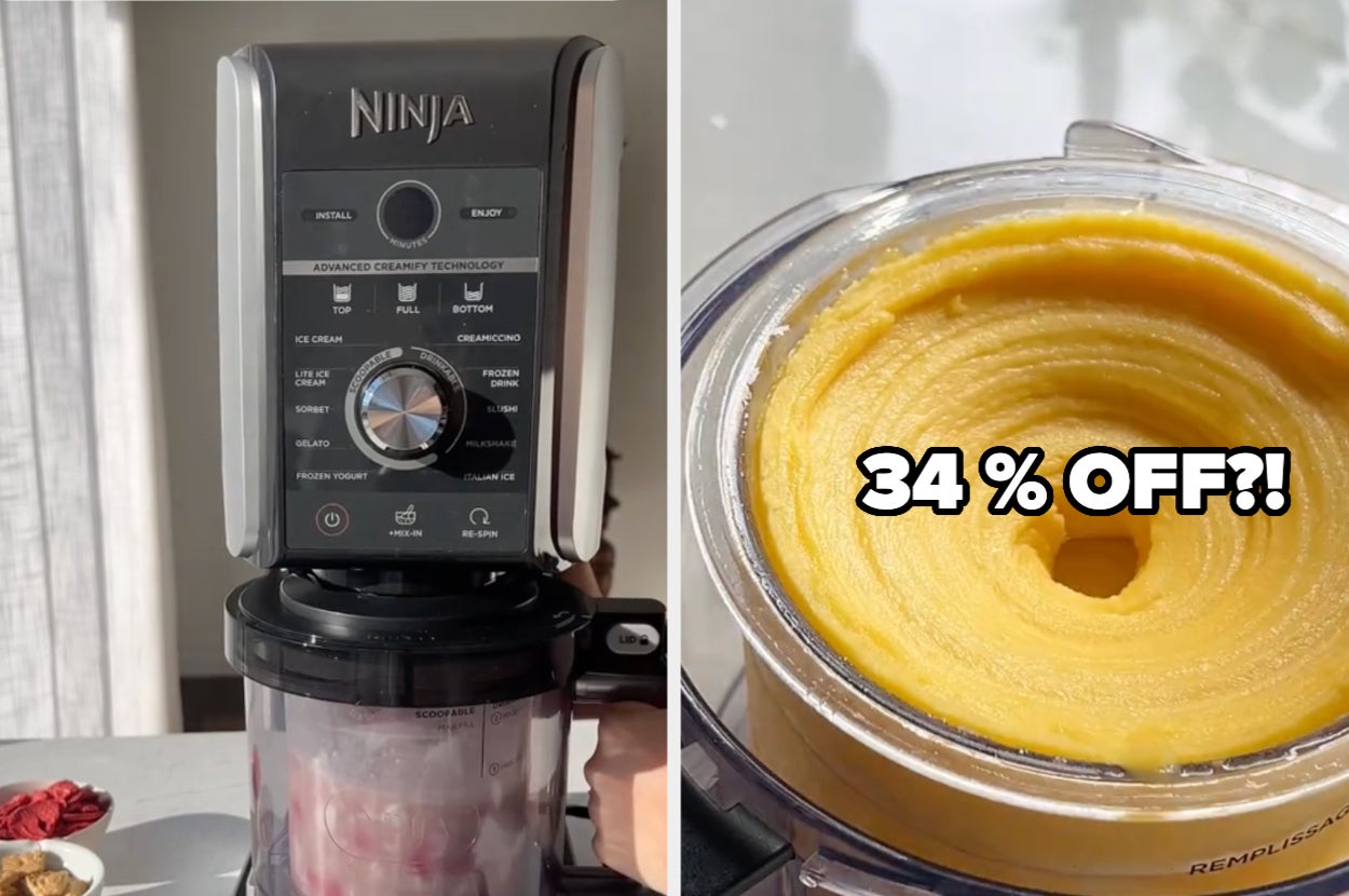 Ninja blender on sale, 34% off. Left: Blender with controls; Right: Blended mixture in jug. Featured in a shopping article