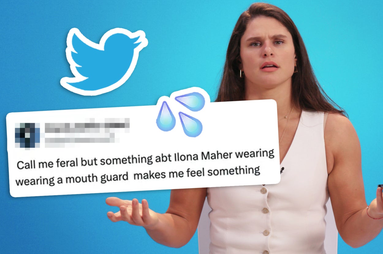 A person in a sleeveless top holds a phone, reacting to a tweet about Ilona Maher. A Twitter logo and water droplets are visible in the image