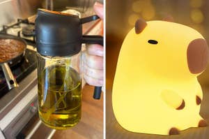 Oil dispenser being used in a kitchen and a cute animal-shaped lamp glowing, featured in a shopping guide article
