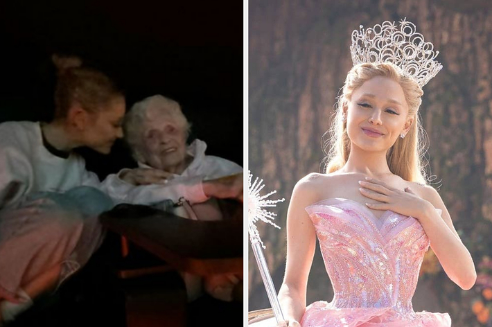 Two images: Left shows a woman affectionately leaning on an elderly person. Right features a person in an ornate gown and crown, holding a wand at an event