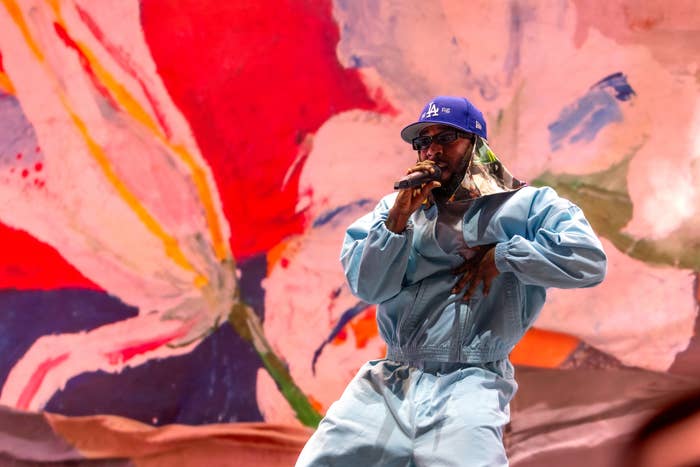 Performer on stage wearing a blue jumpsuit and baseball cap, singing into a microphone with a colorful floral backdrop