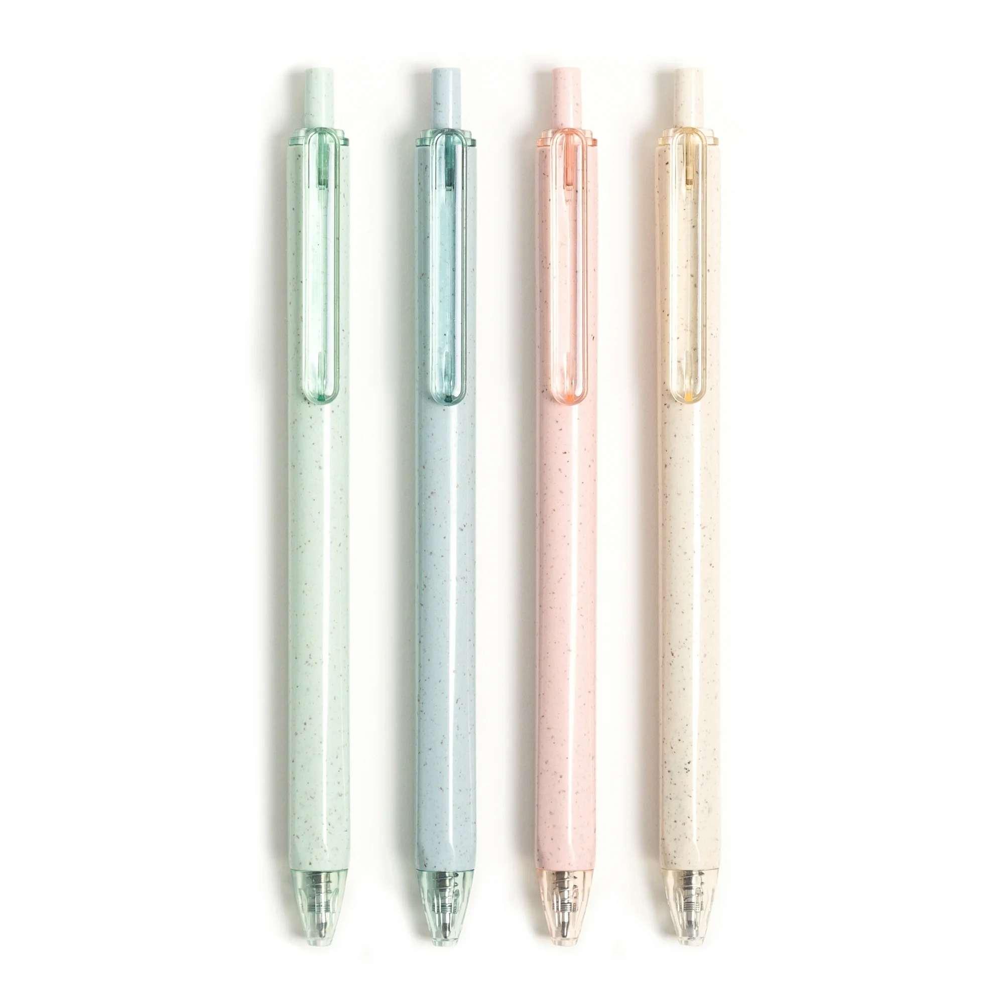 Four eco-friendly pens with speckled design in pastel shades, displayed vertically